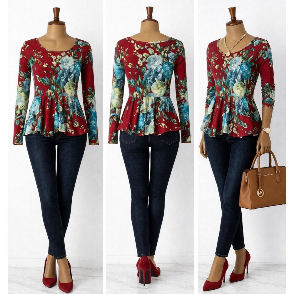 Hershe Womens Size S Red/Beige Floral Stretch Tunic Blouse Boho Chic Blouse